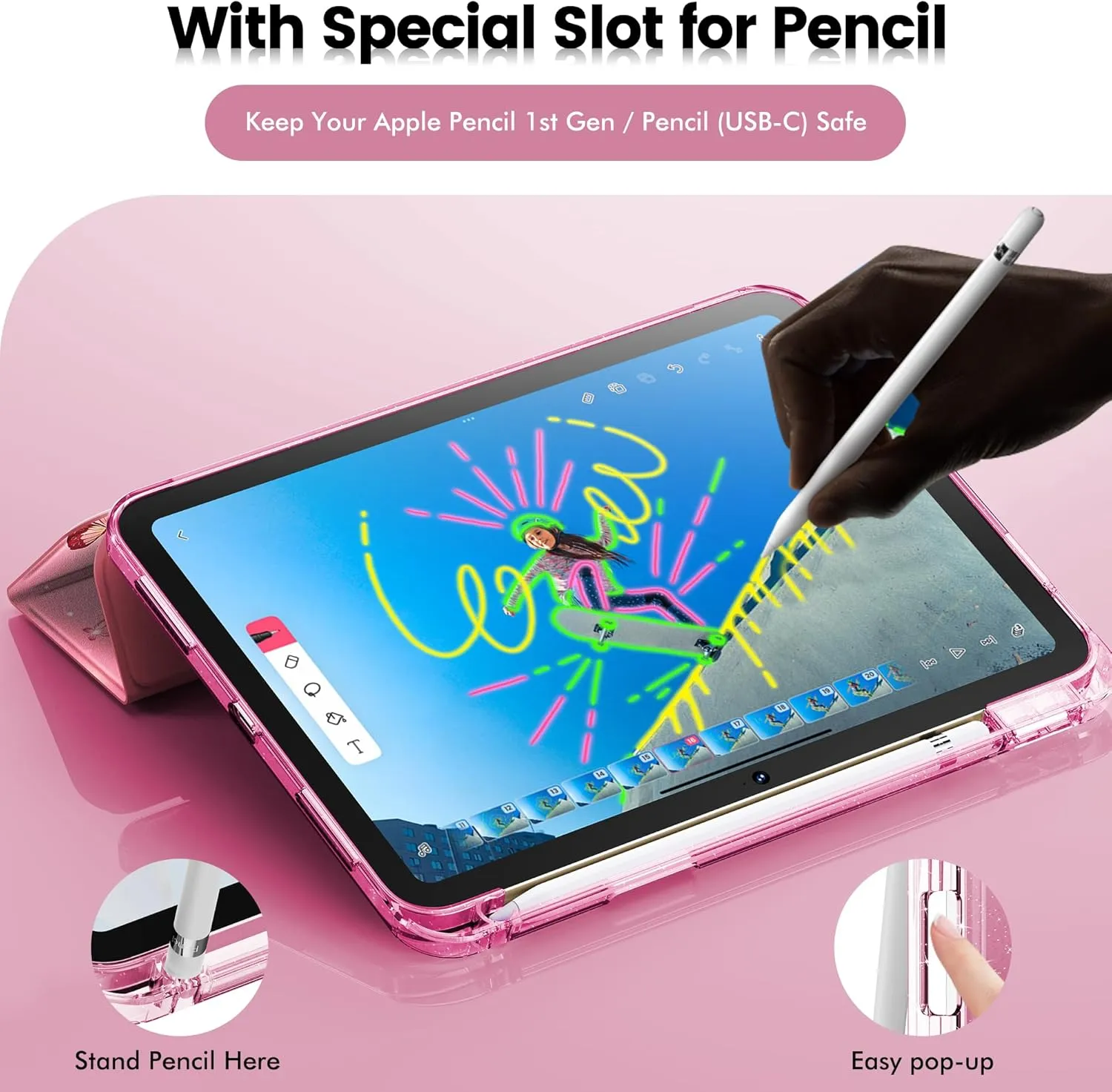 INFILAND Compatible with iPad A16 11th Generation 11 Inch 2025 Case, iPad Case 10th Generation 10.9 Inch, Glitter Cover with Sparkly Clear Back, Pencil Holder, for Kids Girls (Blossom Pink Glow)