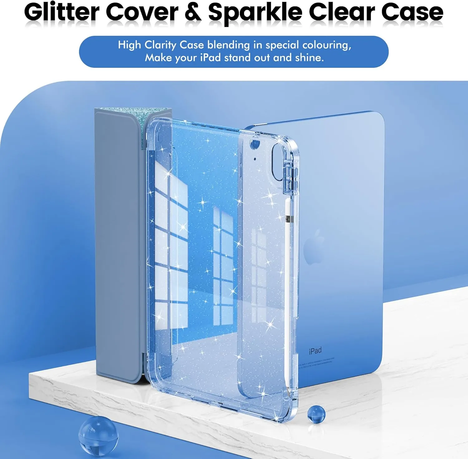 INFILAND Compatible with iPad A16 11th Generation 11 Inch 2025 Case, iPad Case 10th Generation 10.9 Inch, Glitter Cover with Sparkly Clear Back, Pencil Holder, for Kids Girls (Blue)