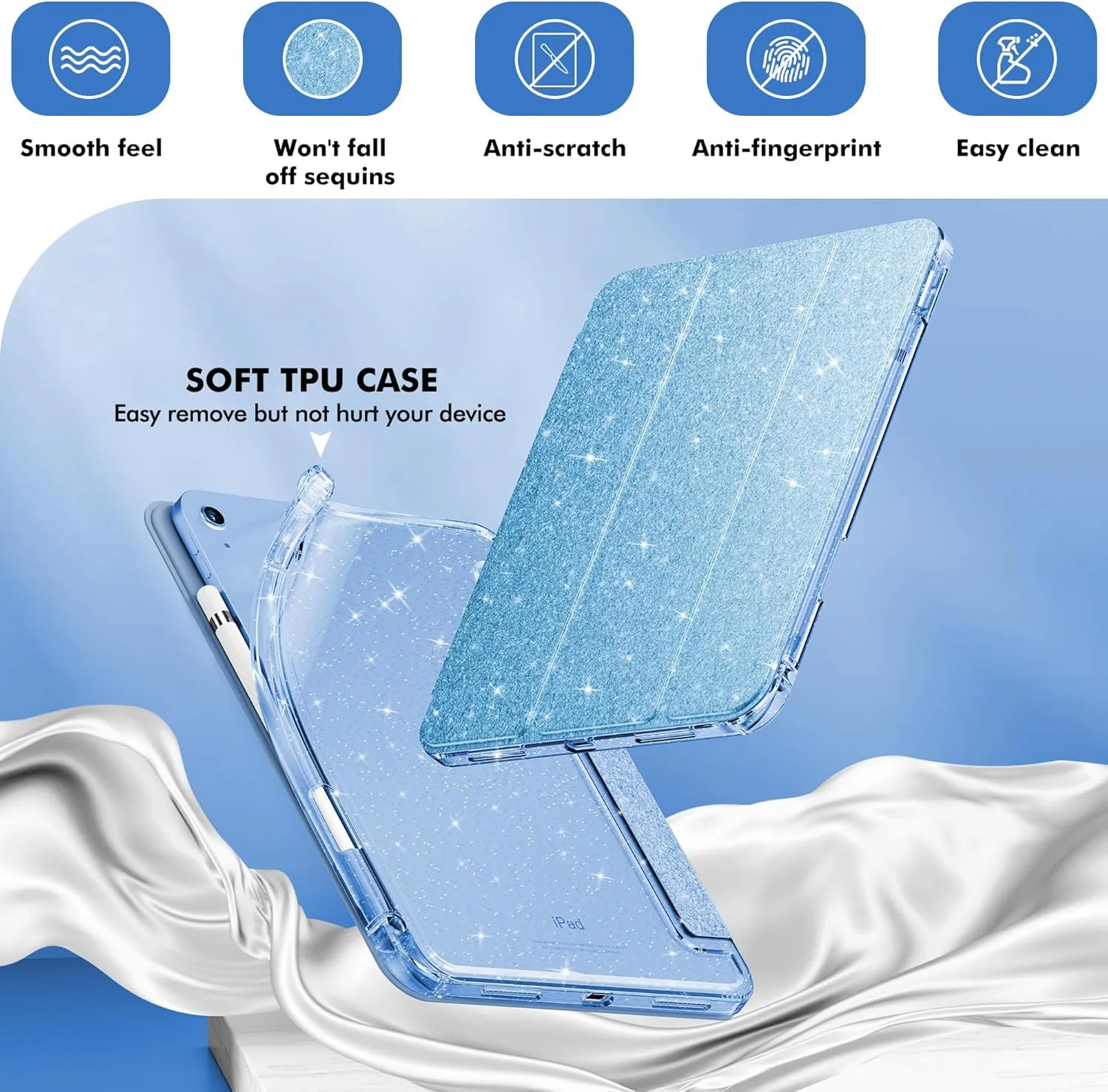 INFILAND Compatible with iPad A16 11th Generation 11 Inch 2025 Case, iPad Case 10th Generation 10.9 Inch, Glitter Cover with Sparkly Clear Back, Pencil Holder, for Kids Girls (Blue)