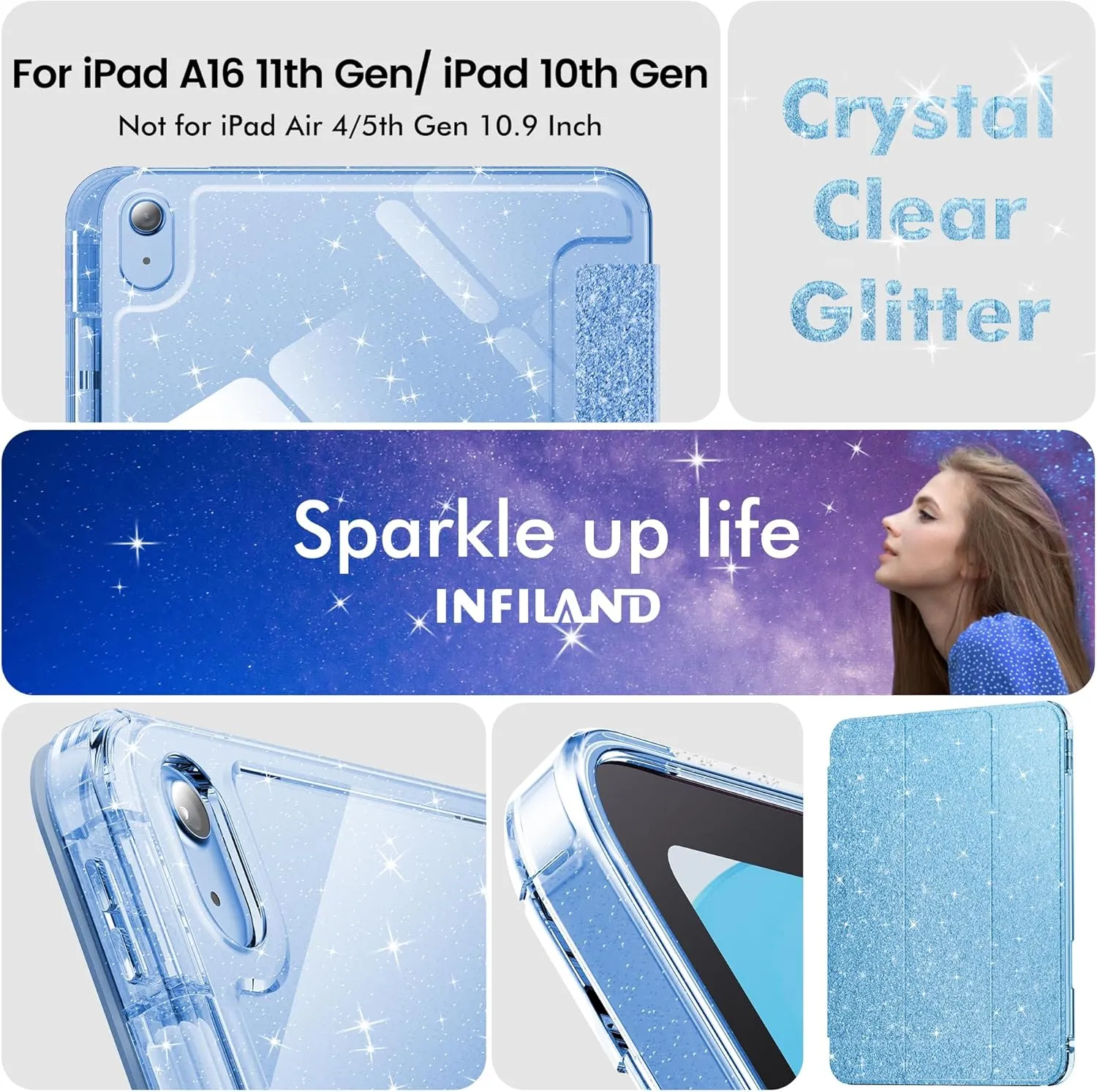 INFILAND Compatible with iPad A16 11th Generation 11 Inch 2025 Case, iPad Case 10th Generation 10.9 Inch, Glitter Cover with Sparkly Clear Back, Pencil Holder, for Kids Girls (Blue)