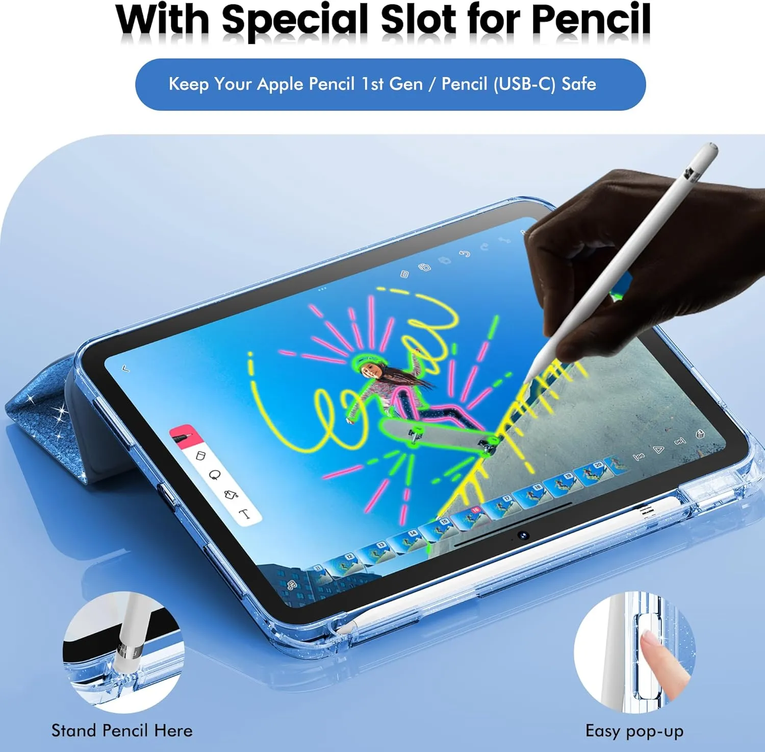 INFILAND Compatible with iPad A16 11th Generation 11 Inch 2025 Case, iPad Case 10th Generation 10.9 Inch, Glitter Cover with Sparkly Clear Back, Pencil Holder, for Kids Girls (Blue)