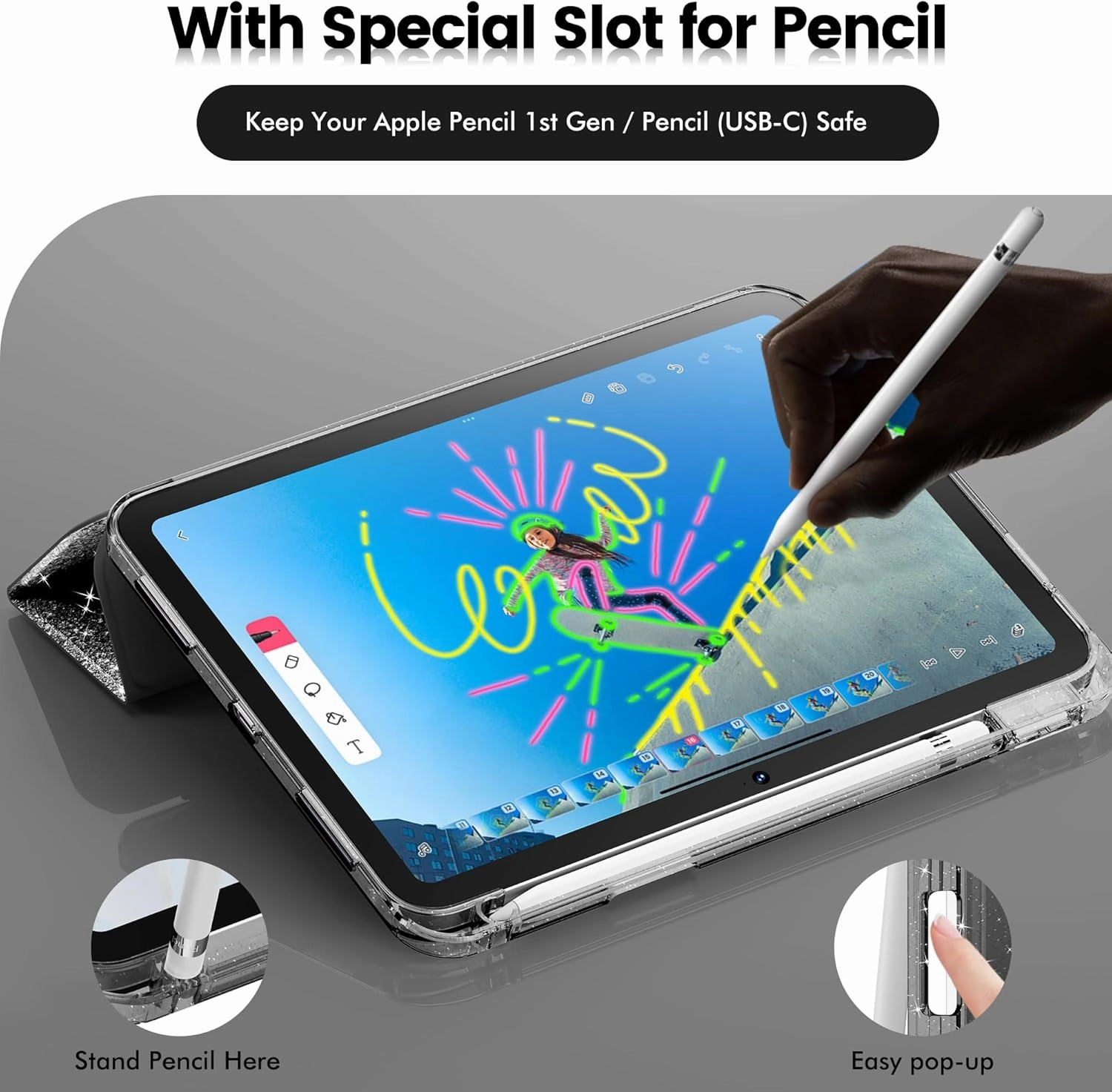 INFILAND Compatible with iPad A16 11th Generation 11 Inch 2025 Case, iPad Case 10th Generation 10.9 Inch, Glitter Cover with Sparkly Clear Back, Pencil Holder, for Kids Girls (Black)