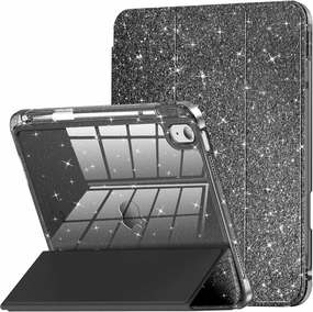 INFILAND Compatible with iPad A16 11th Generation 11 Inch 2025 Case, iPad Case 10th Generation 10.9 Inch, Glitter Cover with Sparkly Clear Back, Pencil Holder, for Kids Girls (Black)