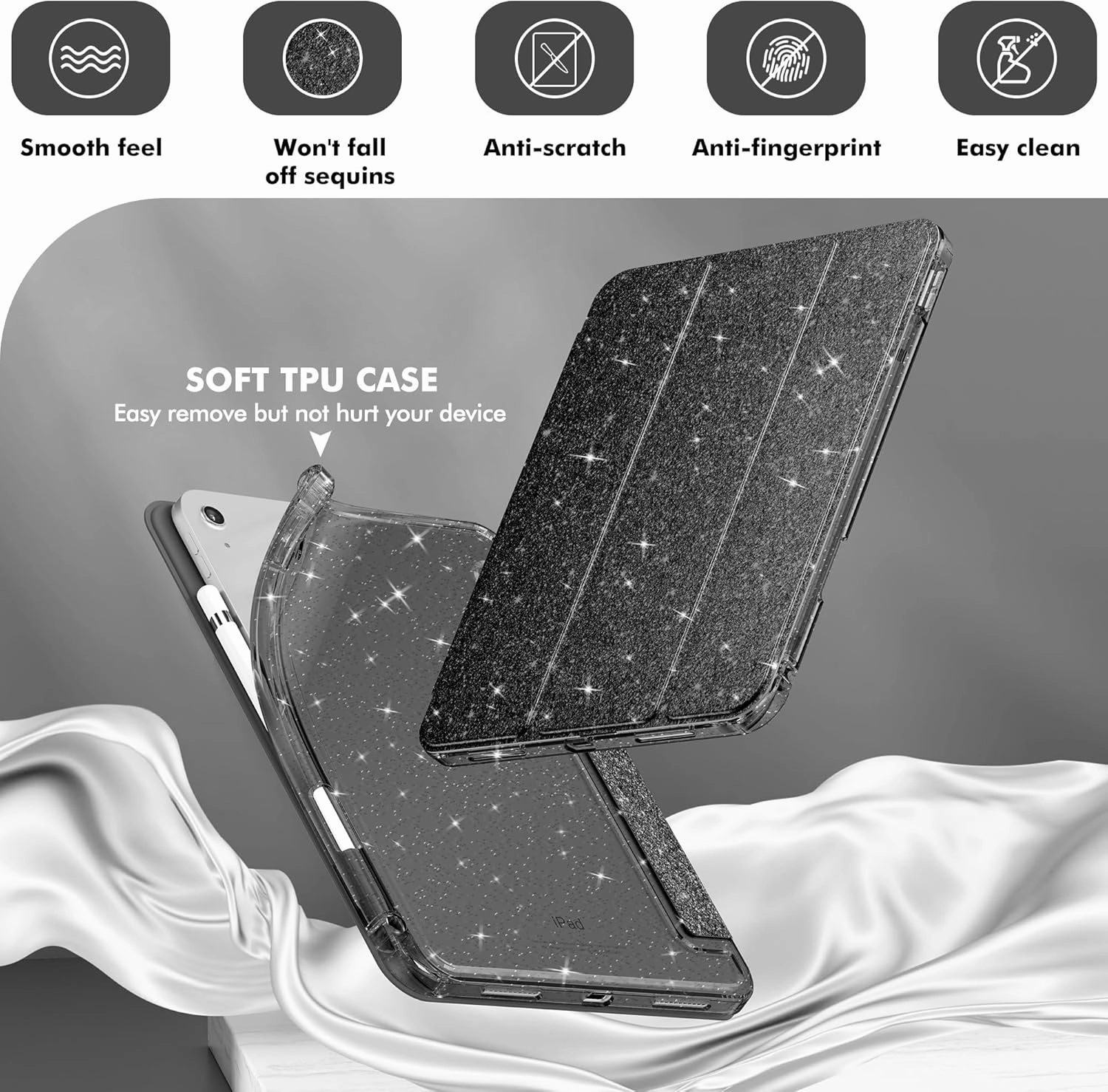 INFILAND Compatible with iPad A16 11th Generation 11 Inch 2025 Case, iPad Case 10th Generation 10.9 Inch, Glitter Cover with Sparkly Clear Back, Pencil Holder, for Kids Girls (Black)