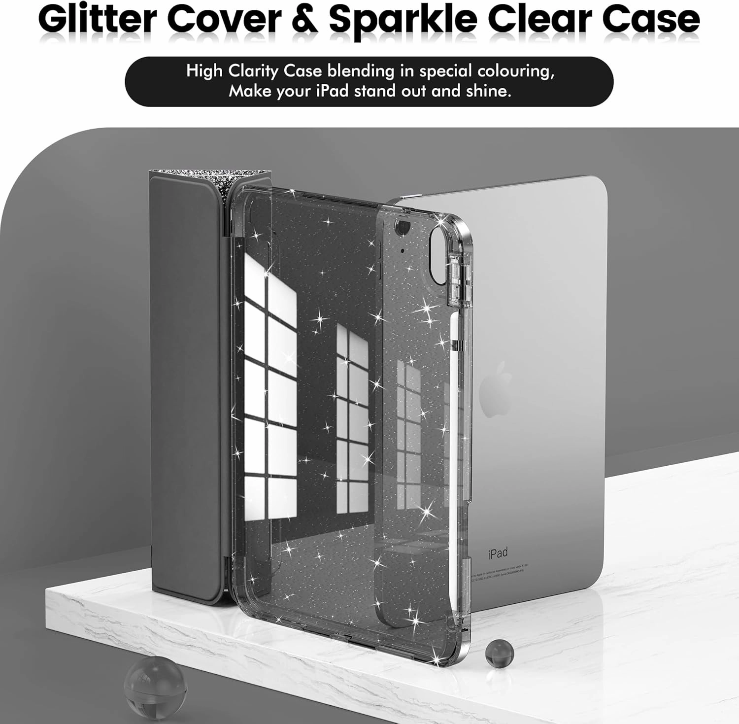INFILAND Compatible with iPad A16 11th Generation 11 Inch 2025 Case, iPad Case 10th Generation 10.9 Inch, Glitter Cover with Sparkly Clear Back, Pencil Holder, for Kids Girls (Black)