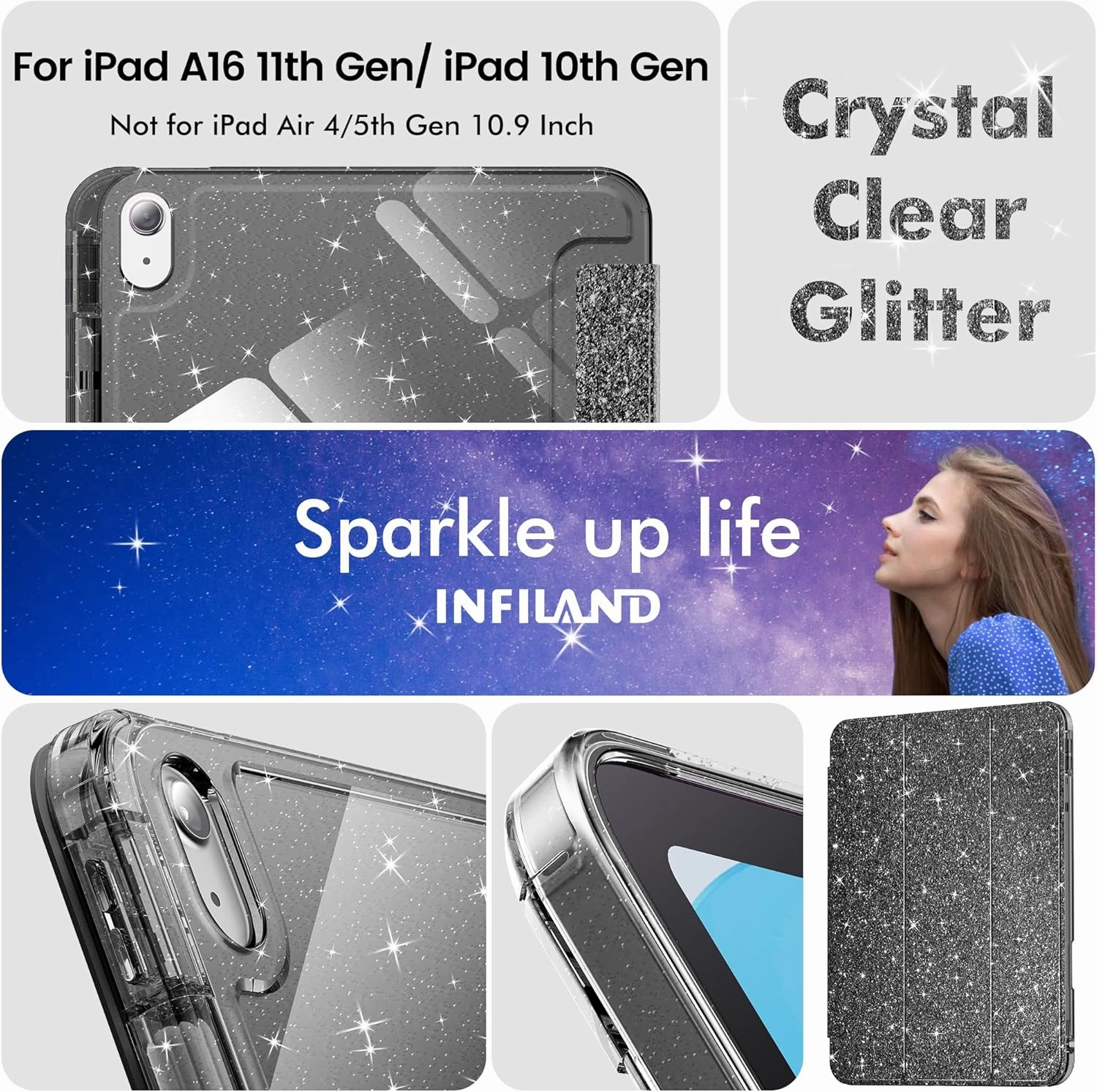 INFILAND Compatible with iPad A16 11th Generation 11 Inch 2025 Case, iPad Case 10th Generation 10.9 Inch, Glitter Cover with Sparkly Clear Back, Pencil Holder, for Kids Girls (Black)