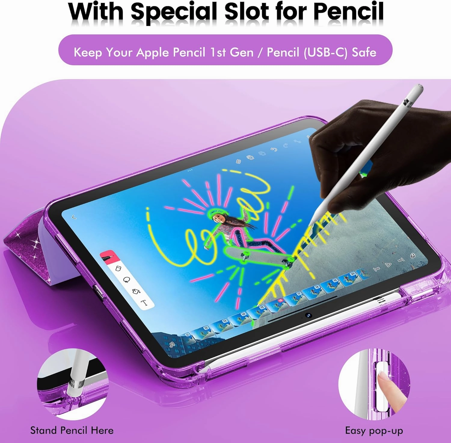 INFILAND Compatible with iPad A16 11th Generation 11 Inch 2025 Case, iPad Case 10th Generation 10.9 Inch, Glitter Cover with Sparkly Clear Back, Pencil Holder, for Kids Girls (Dark Purple)