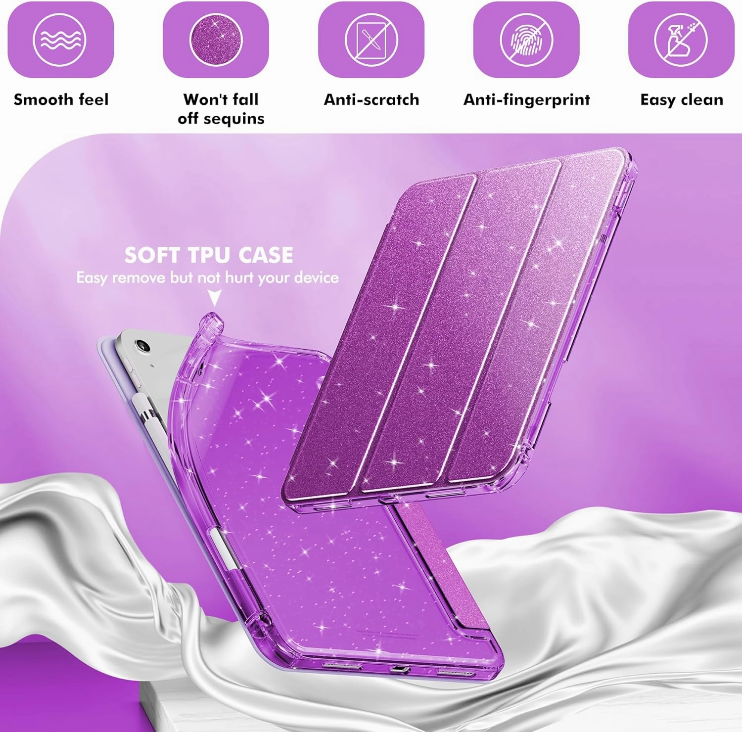 INFILAND Compatible with iPad A16 11th Generation 11 Inch 2025 Case, iPad Case 10th Generation 10.9 Inch, Glitter Cover with Sparkly Clear Back, Pencil Holder, for Kids Girls (Dark Purple)