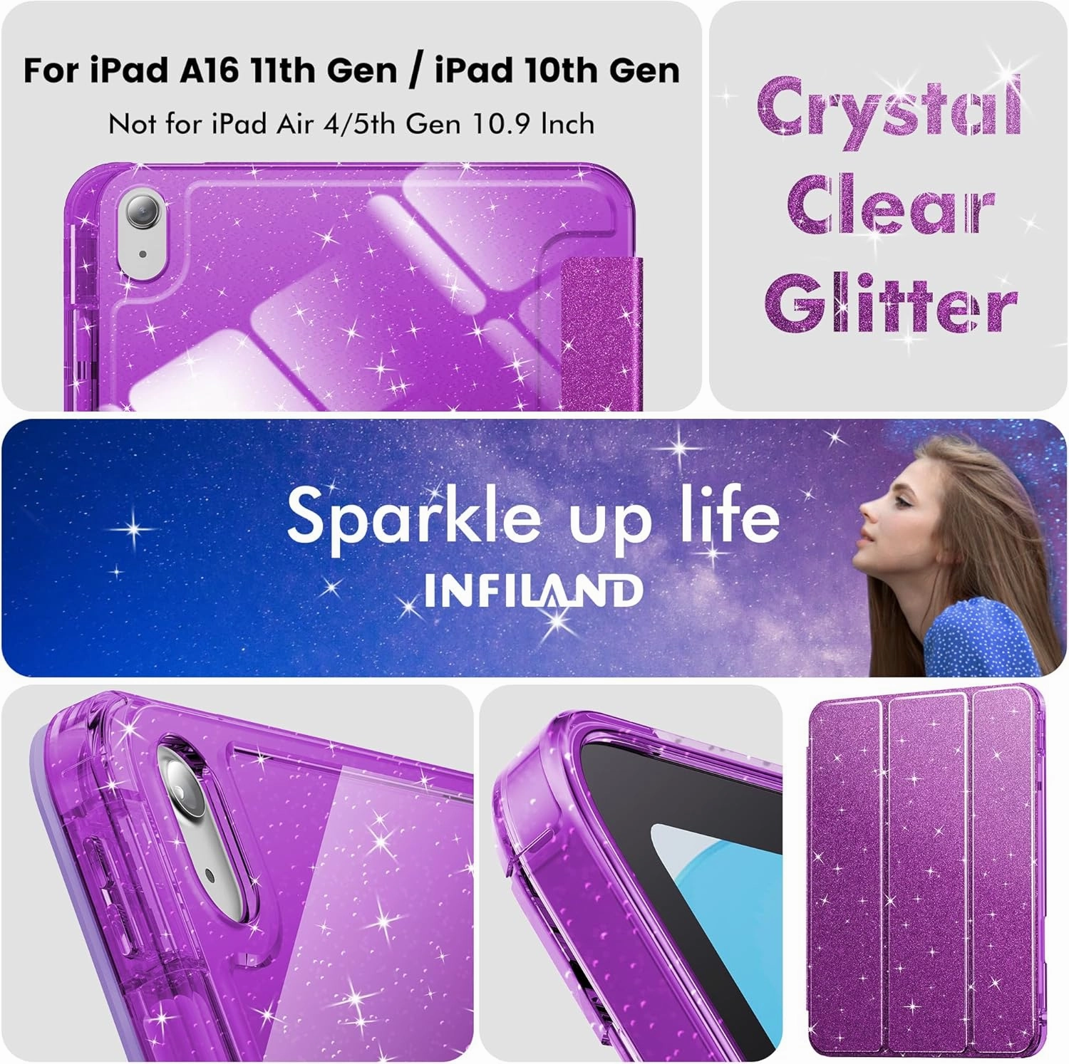 INFILAND Compatible with iPad A16 11th Generation 11 Inch 2025 Case, iPad Case 10th Generation 10.9 Inch, Glitter Cover with Sparkly Clear Back, Pencil Holder, for Kids Girls (Dark Purple)