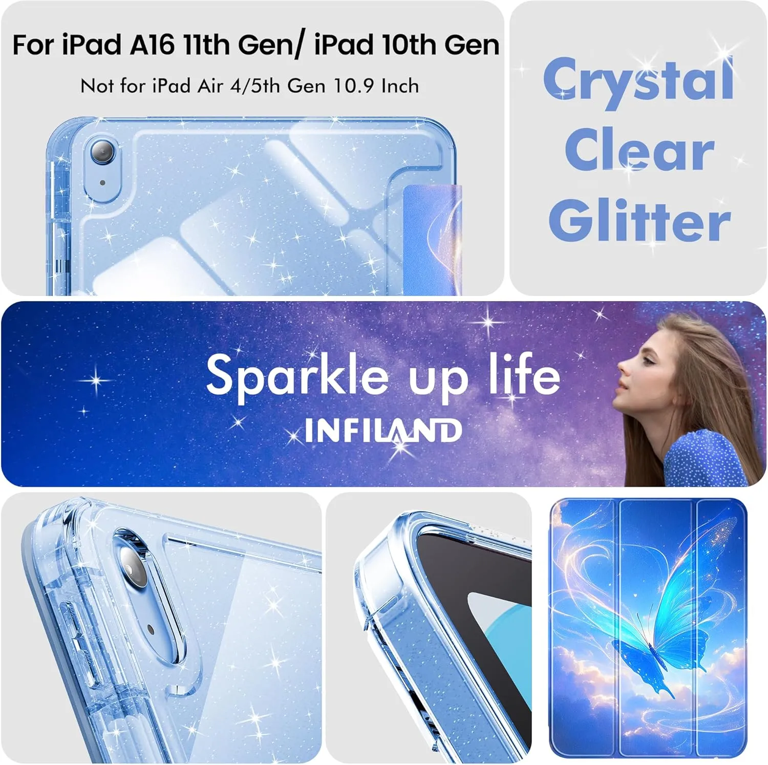INFILANDINFILAND Compatible with iPad A16 11th Generation 11 Inch 2025 Case, iPad Case 10th Generation 10.9 Inch, Glitter Cover with Sparkly Clear Back, Pencil Holder, for Kids Girls (Blue Flutter)