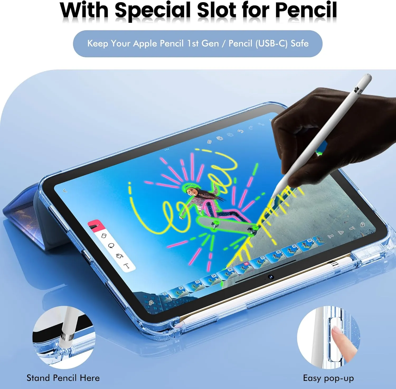 INFILANDINFILAND Compatible with iPad A16 11th Generation 11 Inch 2025 Case, iPad Case 10th Generation 10.9 Inch, Glitter Cover with Sparkly Clear Back, Pencil Holder, for Kids Girls (Blue Flutter)
