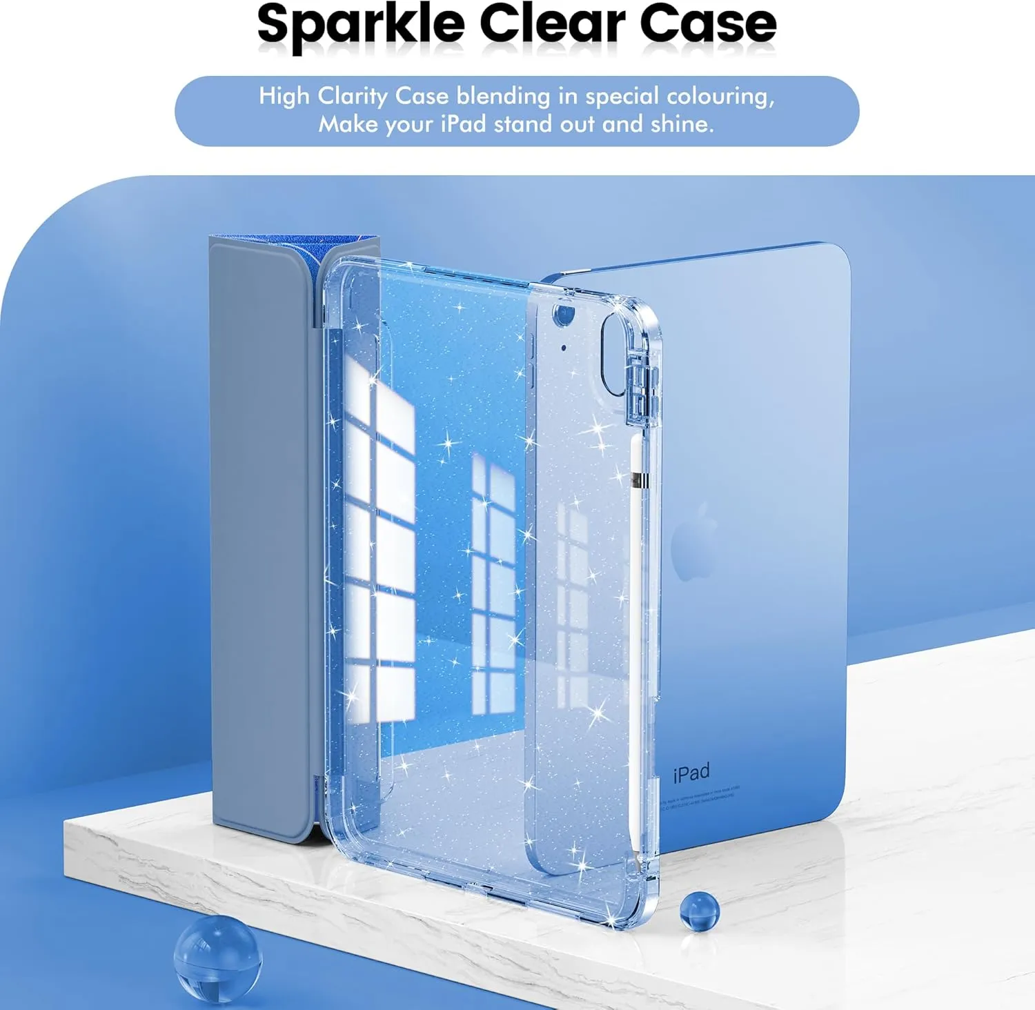 INFILANDINFILAND Compatible with iPad A16 11th Generation 11 Inch 2025 Case, iPad Case 10th Generation 10.9 Inch, Glitter Cover with Sparkly Clear Back, Pencil Holder, for Kids Girls (Blue Flutter)