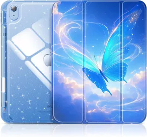INFILANDINFILAND Compatible with iPad A16 11th Generation 11 Inch 2025 Case, iPad Case 10th Generation 10.9 Inch, Glitter Cover with Sparkly Clear Back, Pencil Holder, for Kids Girls (Blue Flutter)