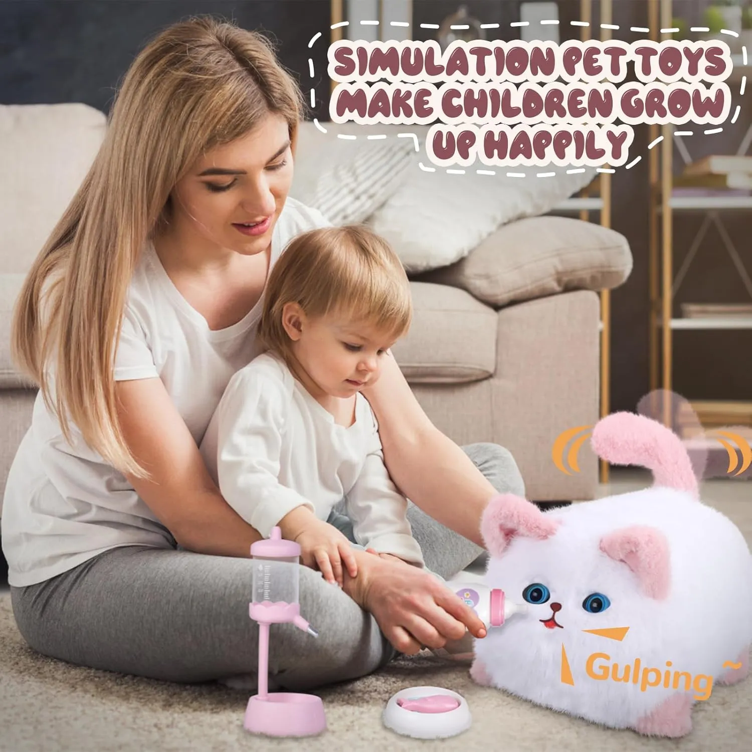 Interactive Cat Toys for Kids Aged 3-7, Plush Toy Cat That Meows, Blink and Talk, Children's Toy Pet Cat with Pet Waterer, Milk Bottle and Pet Bowl, Creative for Boys and Girls