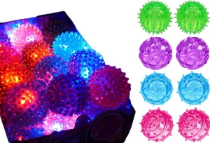 JA-RU Spiky Light Up-Rubber Ball (8 Balls Assorted) Squishy Spike Textured Bouncy Ball with Flashing Led Light. Stress Ball for Kids & Adult. Fidget Therapy Autism Sensory Toys. Dog Chew Toys. 695-8A