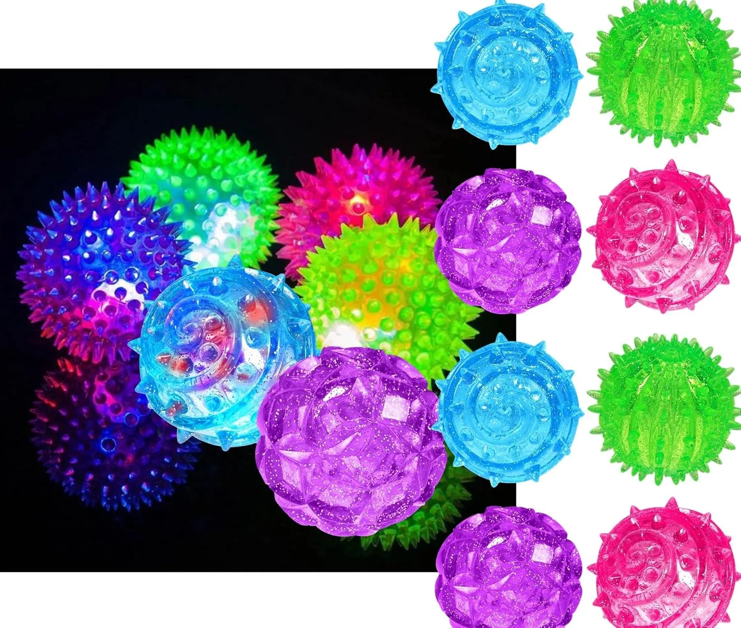 JA-RU Spiky Light Up-Rubber Ball (8 Balls Assorted) Squishy Spike Textured Bouncy Ball with Flashing Led Light. Stress Ball for Kids & Adult. Fidget Therapy Autism Sensory Toys. Dog Chew Toys. 695-8A
