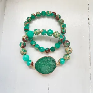 'Jade' Green Boho Bracelet Set with Druzy Stone