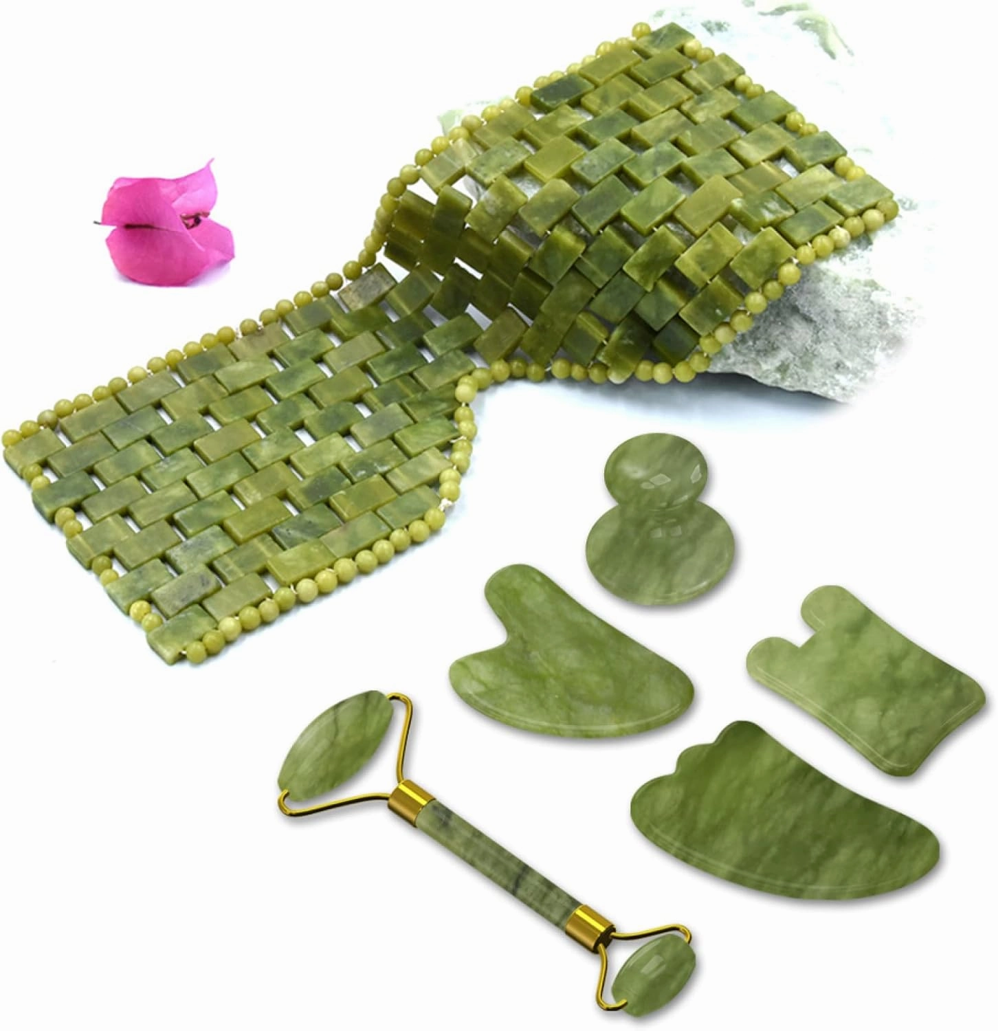 Jade Facial Roller Sleep Mask for Eye Face Massage 100% Natural Stone Gouache Scraper Massage Roller Set,3 in 1 Set2