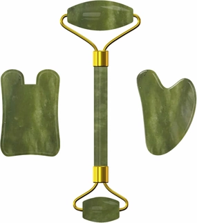 Jade Facial Roller Sleep Mask for Eye Face Massage 100% Natural Stone Gouache Scraper Massage Roller Set,3 in 1 Set2