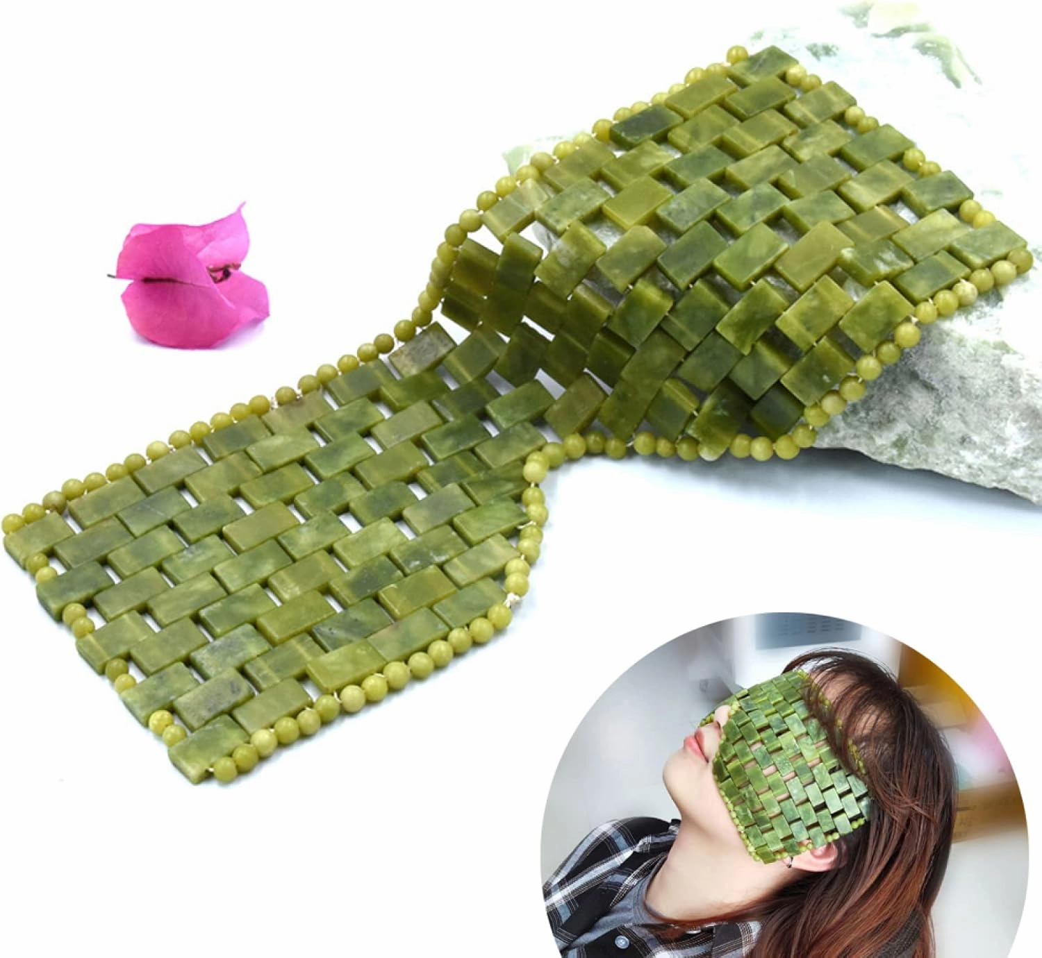 Jade Facial Roller Sleep Mask for Eye Face Massage 100% Natural Stone Gouache Scraper Massage Roller Set,3 in 1 Set2