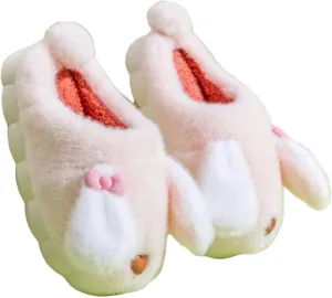JadeRich Girls Bunny Ear Slippers Faux Fur Cute Rabbit Ear Plush Memory Foam Non Slip Winter House Shoes for Big Kids
