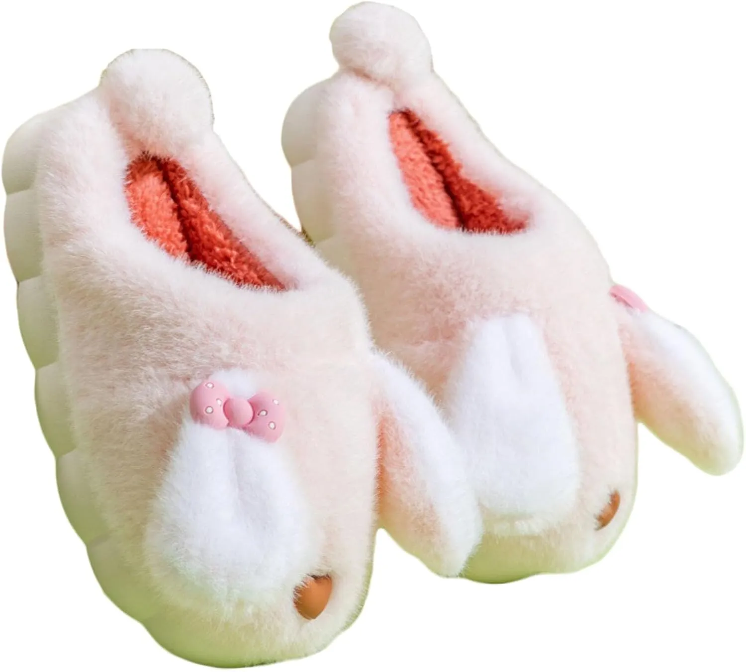 JadeRich Girls Bunny Ear Slippers Faux Fur Cute Rabbit Ear Plush Memory Foam Non Slip Winter House Shoes for Big Kids