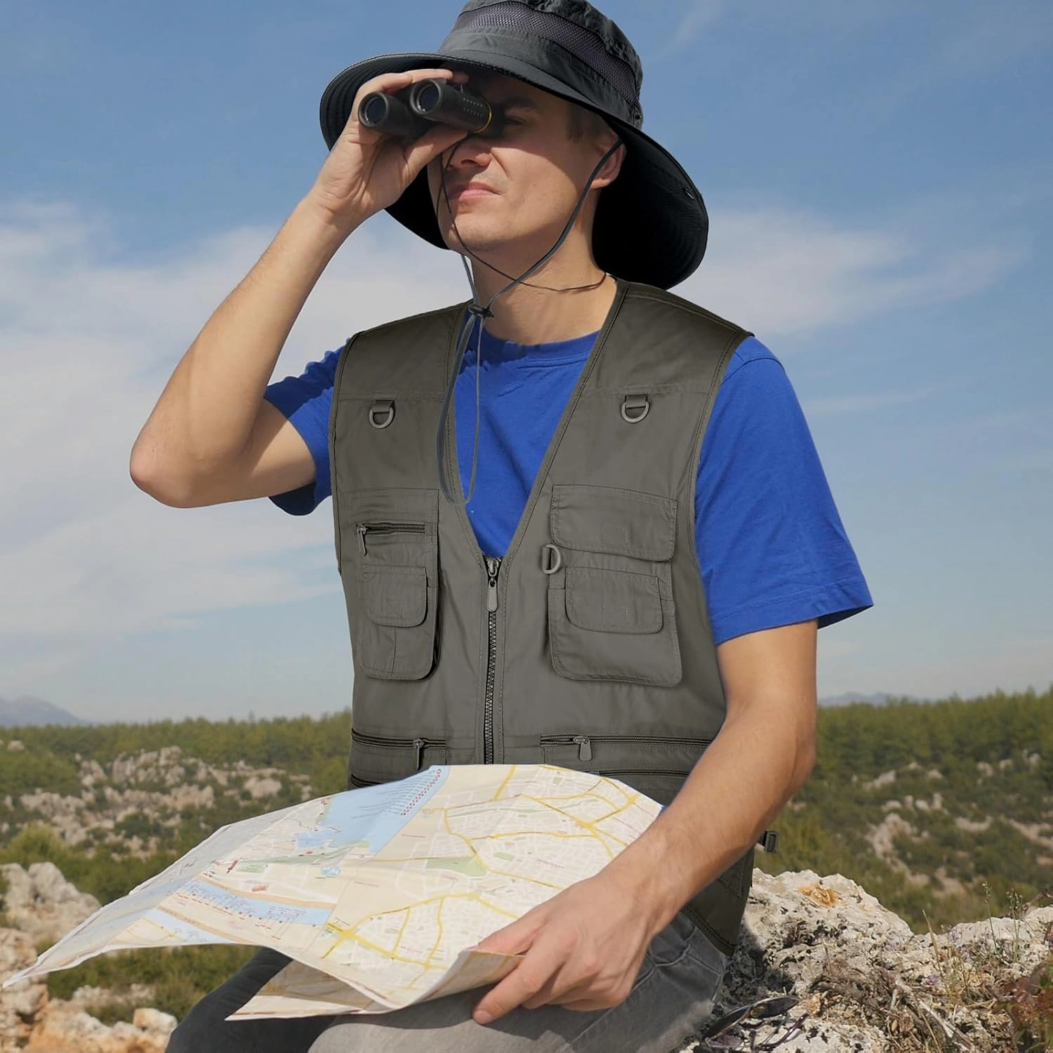 Janmercy 2 Pieces Men's Work Fishing Vest with Hat Lightweight Safari Travel Hunting Waistcoat With Multi Pockets Fishing Hat