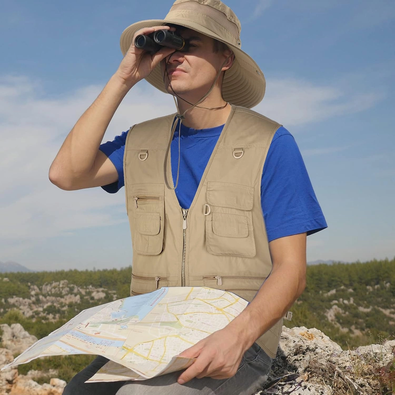 Janmercy 2 Pieces Men's Work Fishing Vest with Hat Lightweight Safari Travel Hunting Waistcoat With Multi Pockets Fishing Hat