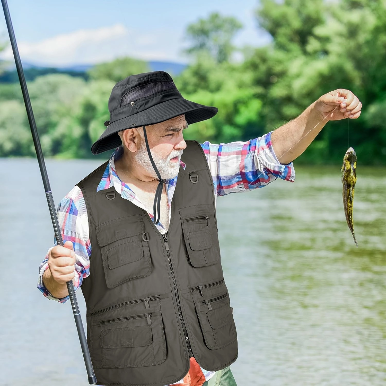Janmercy 2 Pieces Men's Work Fishing Vest with Hat Lightweight Safari Travel Hunting Waistcoat With Multi Pockets Fishing Hat