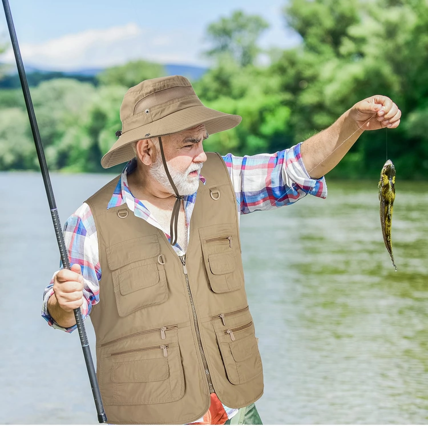 Janmercy 2 Pieces Men's Work Fishing Vest with Hat Lightweight Safari Travel Hunting Waistcoat With Multi Pockets Fishing Hat