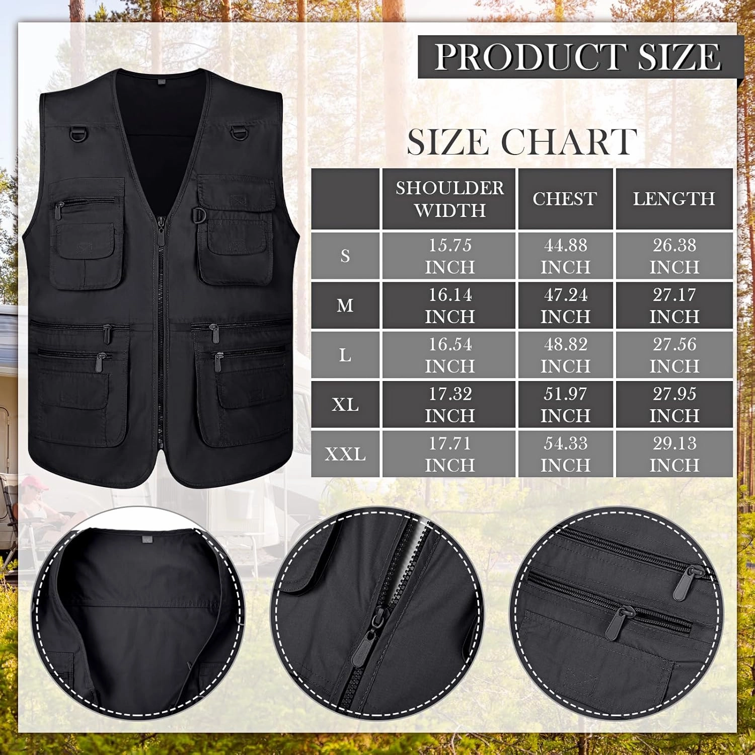 Janmercy 2 Pieces Men's Work Fishing Vest with Hat Lightweight Safari Travel Hunting Waistcoat With Multi Pockets Fishing Hat