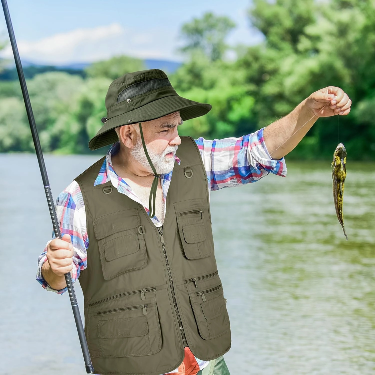 Janmercy 2 Pieces Men's Work Fishing Vest with Hat Lightweight Safari Travel Hunting Waistcoat With Multi Pockets Fishing Hat