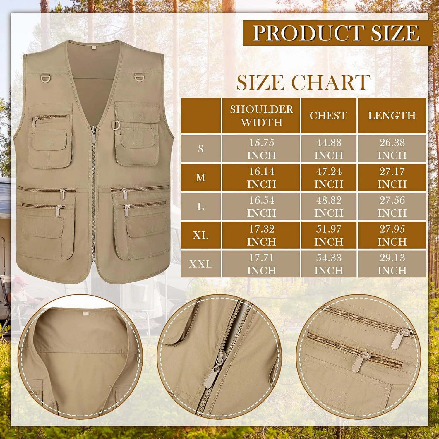 Janmercy 2 Pieces Men's Work Fishing Vest with Hat Lightweight Safari Travel Hunting Waistcoat With Multi Pockets Fishing Hat
