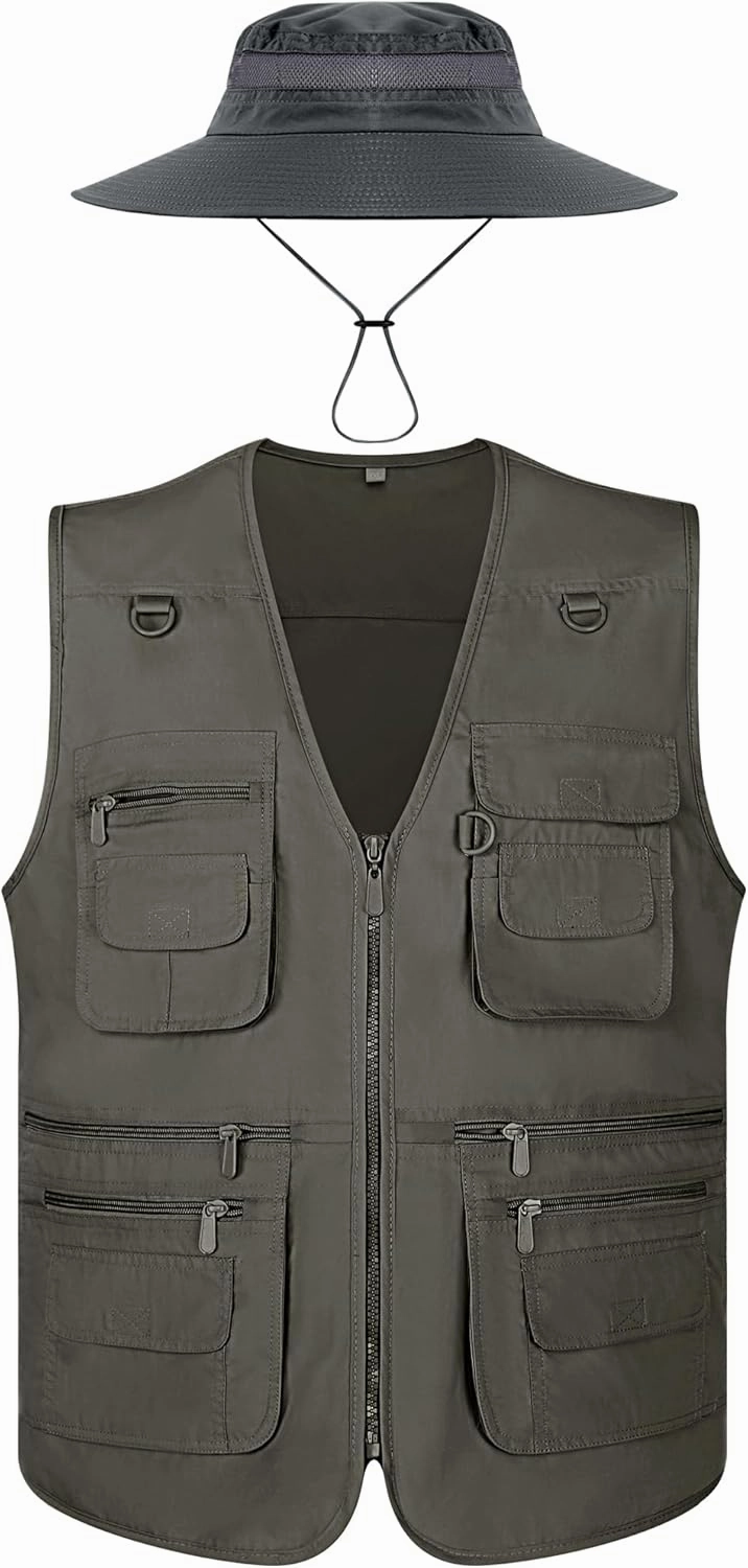 Janmercy 2 Pieces Men's Work Fishing Vest with Hat Lightweight Safari Travel Hunting Waistcoat With Multi Pockets Fishing Hat