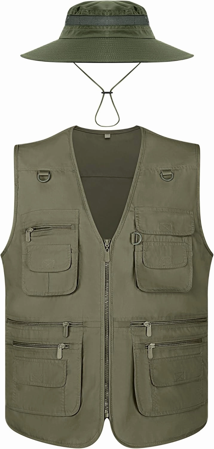 Janmercy 2 Pieces Men's Work Fishing Vest with Hat Lightweight Safari Travel Hunting Waistcoat With Multi Pockets Fishing Hat