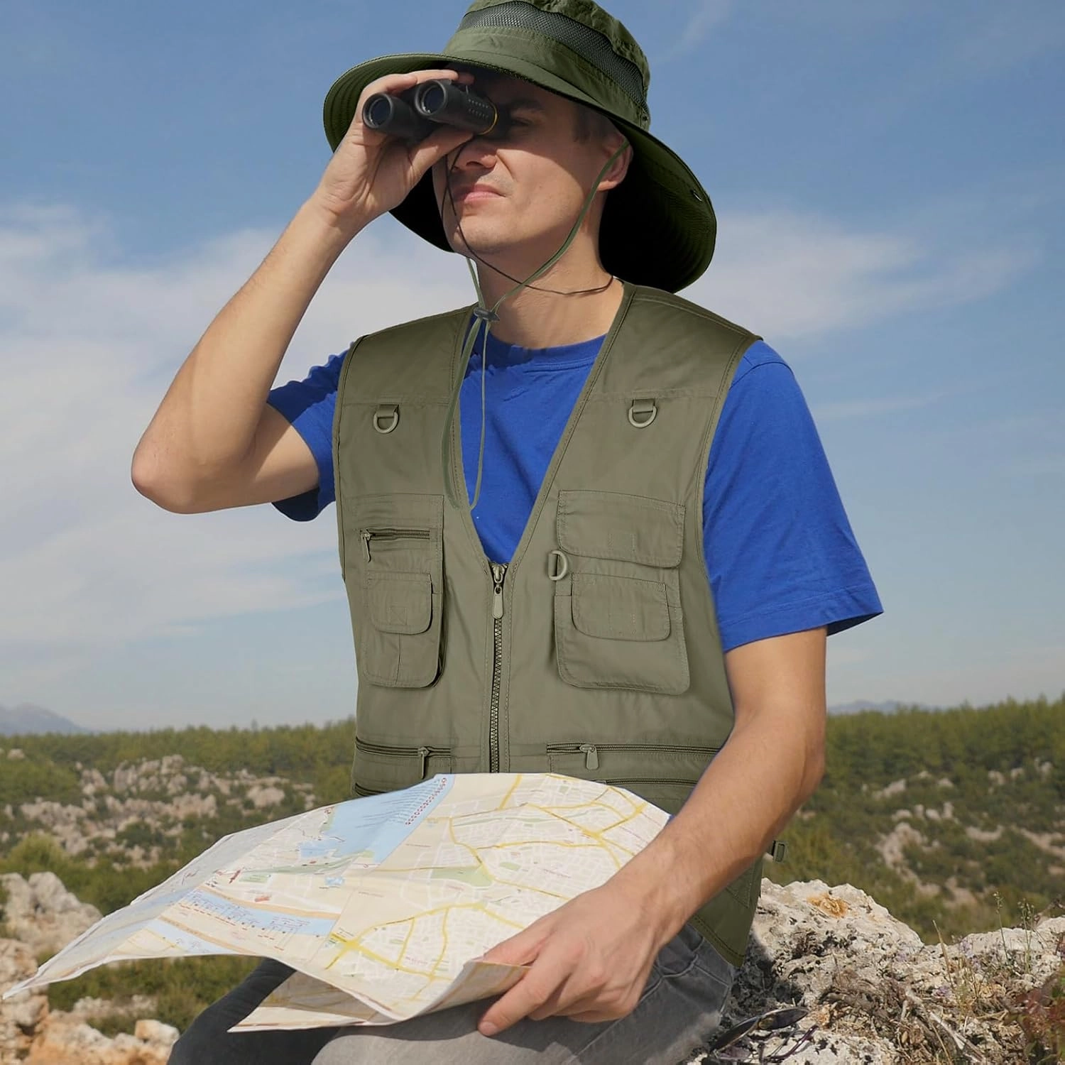 Janmercy 2 Pieces Men's Work Fishing Vest with Hat Lightweight Safari Travel Hunting Waistcoat With Multi Pockets Fishing Hat