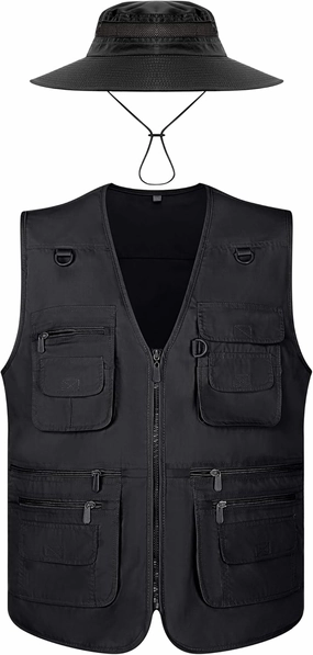 Janmercy 2 Pieces Men's Work Fishing Vest with Hat Lightweight Safari Travel Hunting Waistcoat With Multi Pockets Fishing Hat