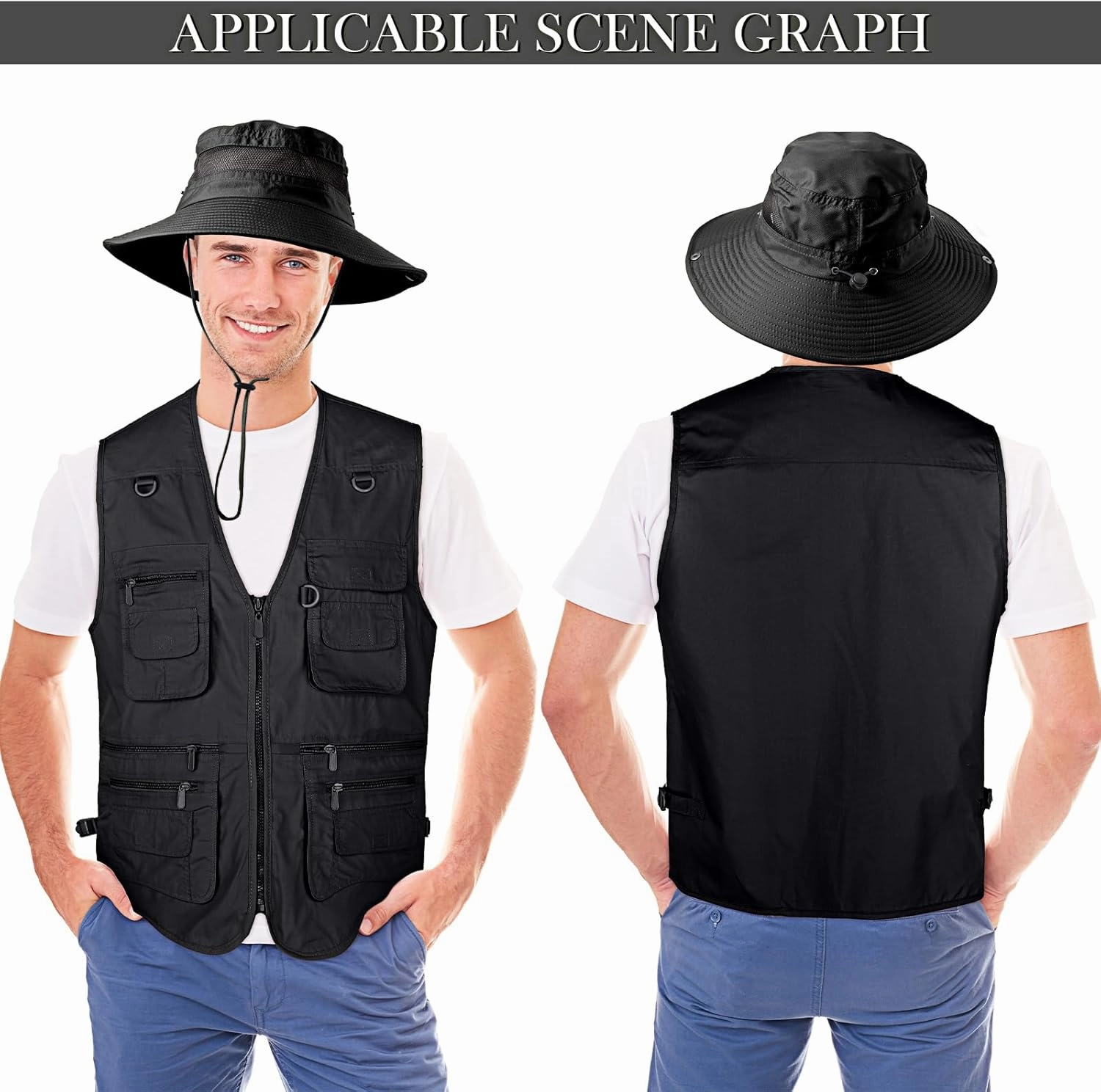 Janmercy 2 Pieces Men's Work Fishing Vest with Hat Lightweight Safari Travel Hunting Waistcoat With Multi Pockets Fishing Hat