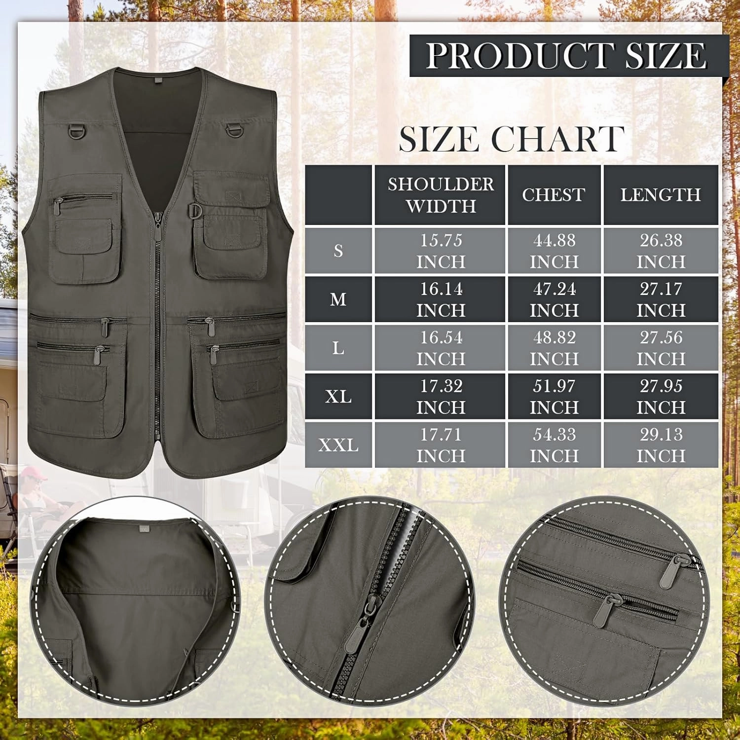 Janmercy 2 Pieces Men's Work Fishing Vest with Hat Lightweight Safari Travel Hunting Waistcoat With Multi Pockets Fishing Hat
