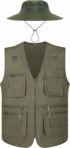 Janmercy 2 Pieces Men's Work Fishing Vest with Hat Lightweight Safari Travel Hunting Waistcoat With Multi Pockets Fishing Hat
