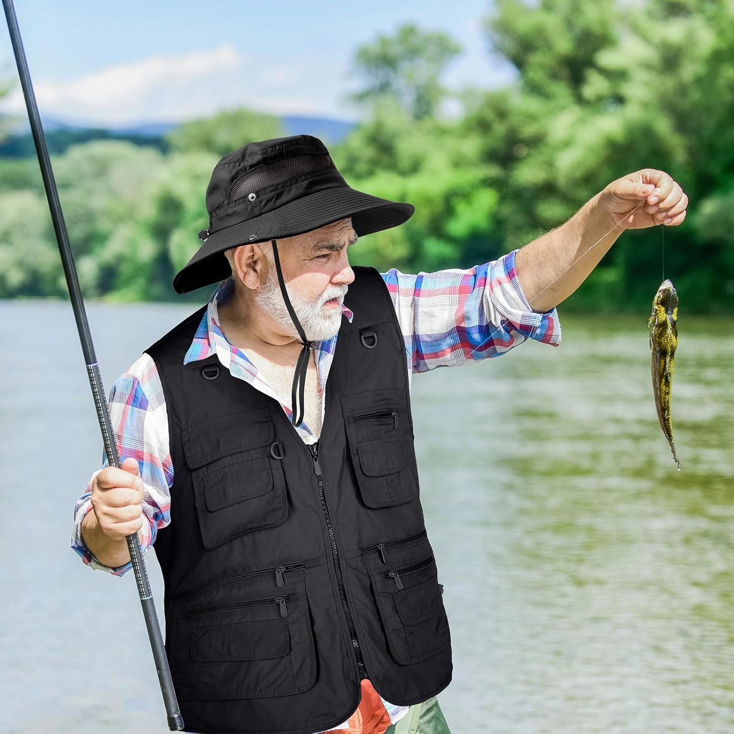 Janmercy 2 Pieces Men's Work Fishing Vest with Hat Lightweight Safari Travel Hunting Waistcoat With Multi Pockets Fishing Hat