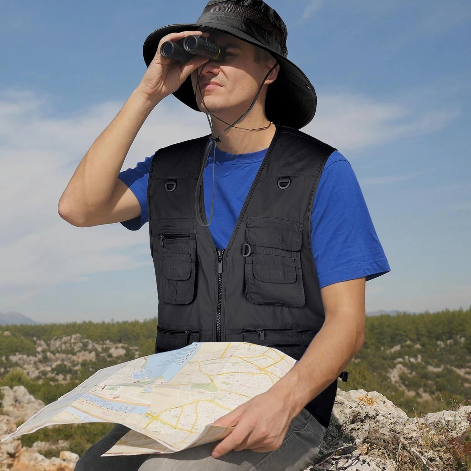 Janmercy 2 Pieces Men's Work Fishing Vest with Hat Lightweight Safari Travel Hunting Waistcoat With Multi Pockets Fishing Hat
