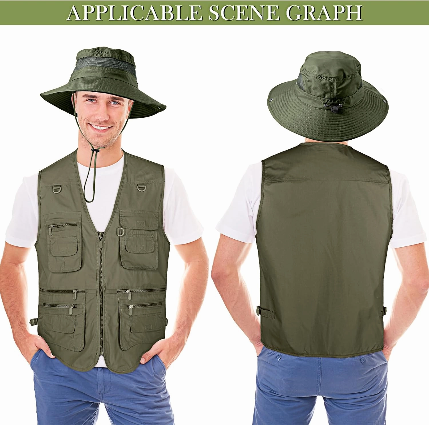 Janmercy 2 Pieces Men's Work Fishing Vest with Hat Lightweight Safari Travel Hunting Waistcoat With Multi Pockets Fishing Hat
