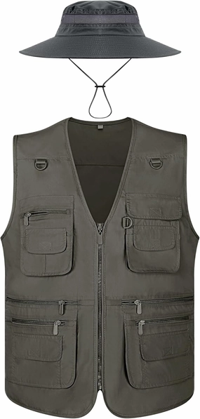 Janmercy 2 Pieces Men's Work Fishing Vest with Hat Lightweight Safari Travel Hunting Waistcoat With Multi Pockets Fishing Hat