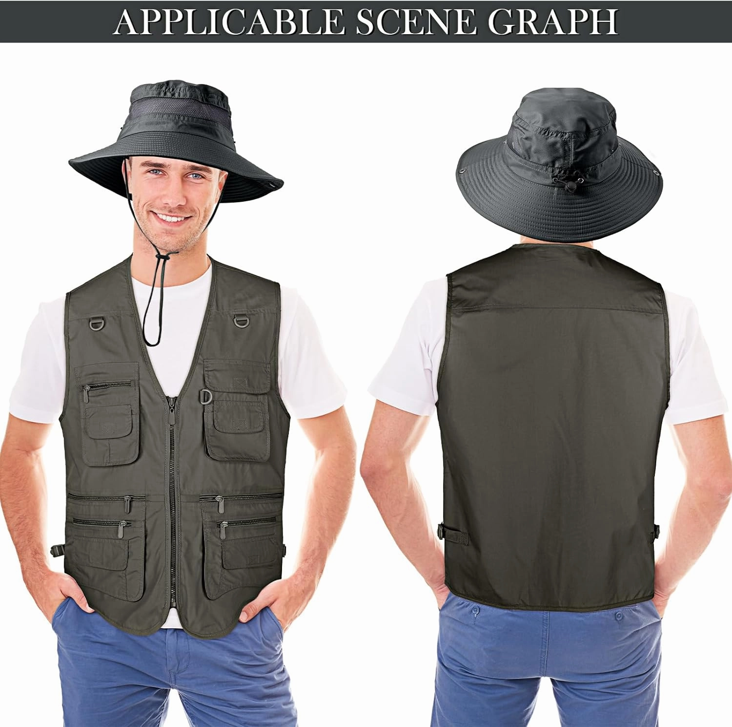 Janmercy 2 Pieces Men's Work Fishing Vest with Hat Lightweight Safari Travel Hunting Waistcoat With Multi Pockets Fishing Hat