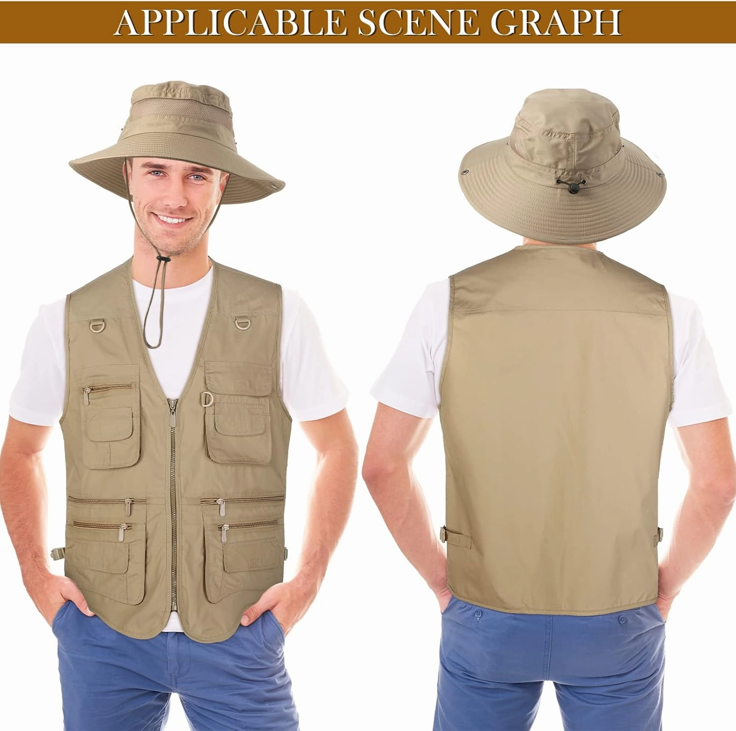 Janmercy 2 Pieces Men's Work Fishing Vest with Hat Lightweight Safari Travel Hunting Waistcoat With Multi Pockets Fishing Hat