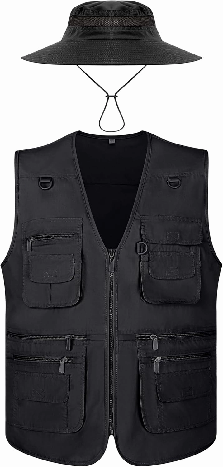 Janmercy 2 Pieces Men's Work Fishing Vest with Hat Lightweight Safari Travel Hunting Waistcoat With Multi Pockets Fishing Hat