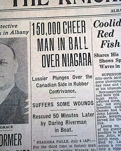 JEAN LUSSIER Daredevil Over Niagara Horseshoe Falls RUBBER BALL 1928 Newspaper THE KNICKERBOCKER PRESS, Albany, July 5, 1928