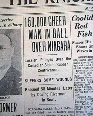 JEAN LUSSIER Daredevil Over Niagara Horseshoe Falls RUBBER BALL 1928 Newspaper THE KNICKERBOCKER PRESS, Albany, July 5, 1928