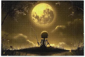 Jigsaw Puzzle Moon Skeleton Fishing Funny for Adults 1000 Pieces, Impossible Challenging Hard Nature Difficult Puzzles for Adults Jigsaw Puzzle for Family Games Party Entertainment